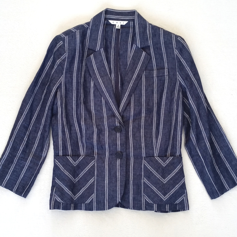 Cabi Women’s Navy Blue & White Nautical Pinstripe Linen Blazer 4
